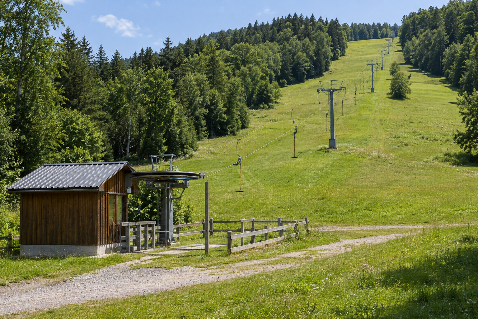 Sommerliche Wiesenpiste mit Schlepplift und kleiner Talstation